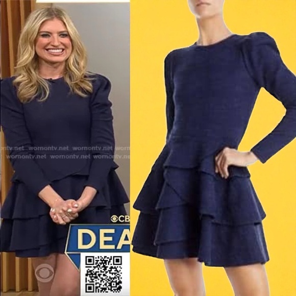 NWT Aqua ‘Boucle Tiered Ruffle Long Sleeve Mini Dress’ in Navy Blue Size XS - Picture 1 of 11